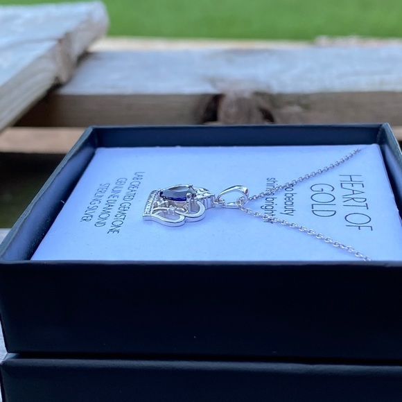 NWT NIB STERLING SILVER SAPPHIRE “HEART OF GOLD” CROWN NECKLACE - Picture 6 of 8